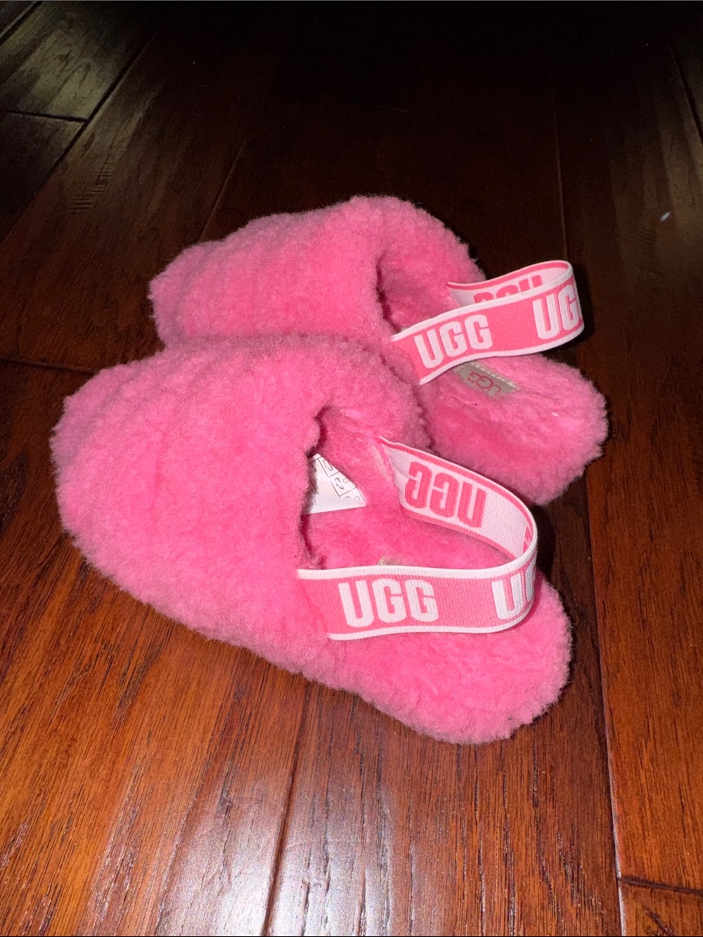 UGG Pink Fluffy Slide Sandals with Logo Elastic Strap